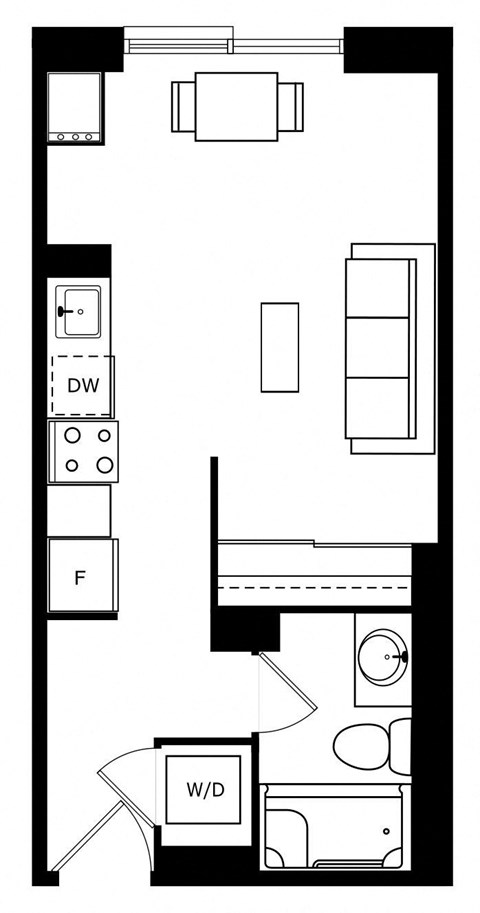 Floor plan for studio, 1 bath, 388 sqft